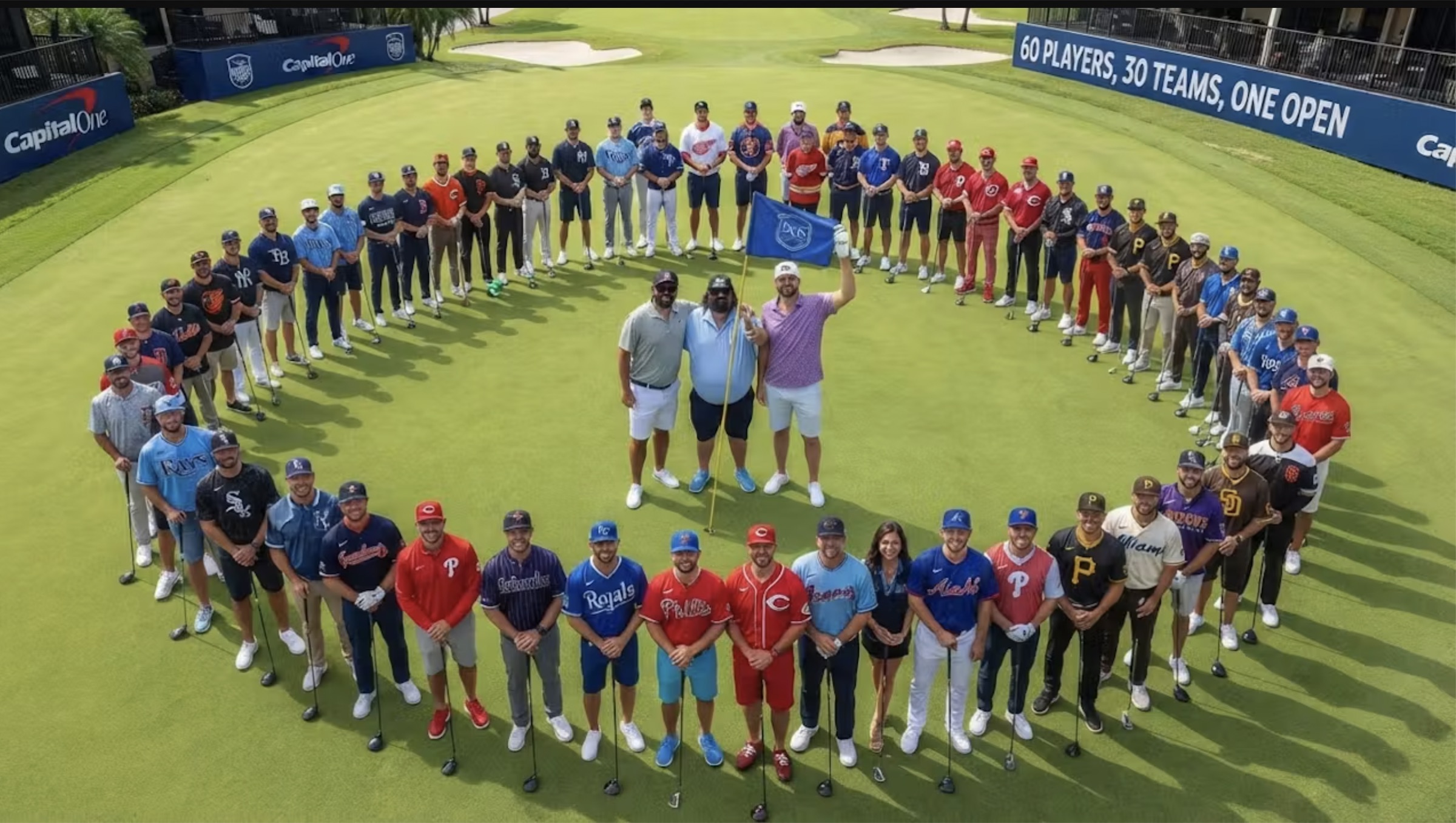 MLB players gathered in a circle on the green at the MLB Open